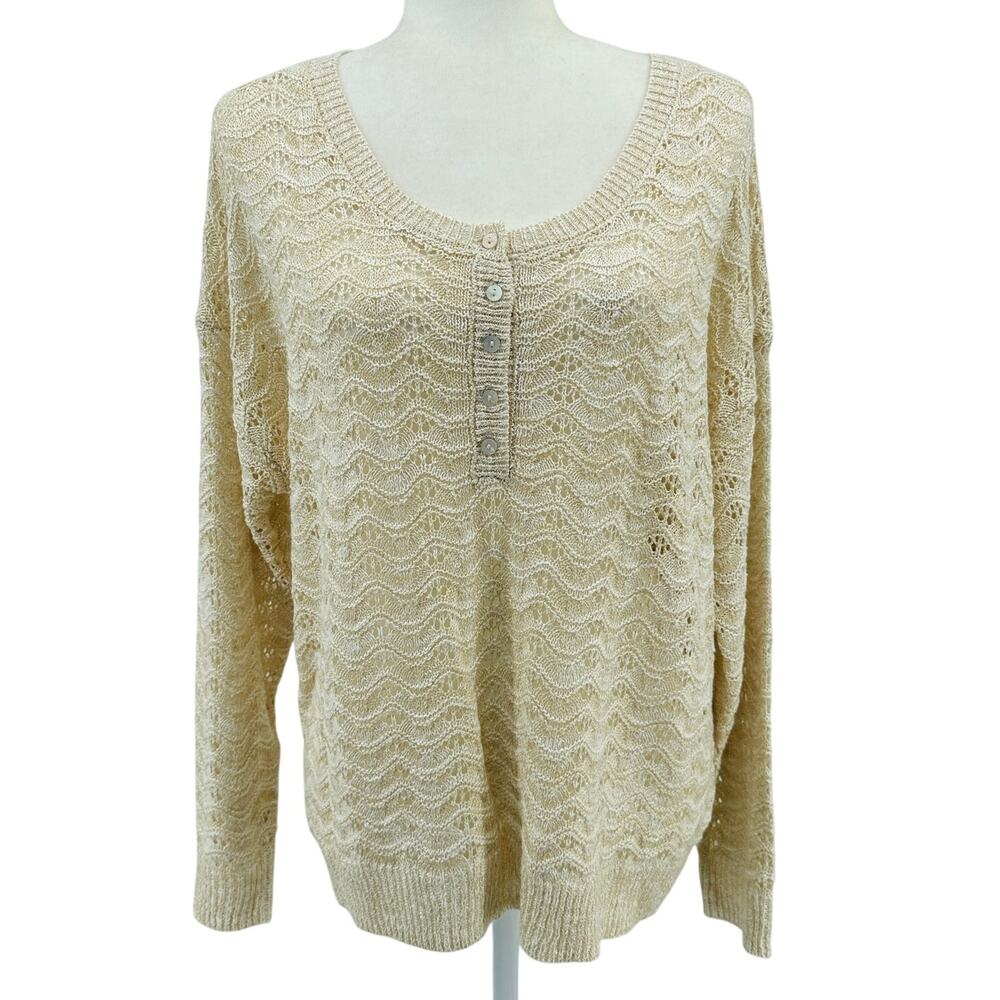 Lauren Conrad Open Knit Sweater XL Cream Henley Pullover Round Neck Long Sleeve